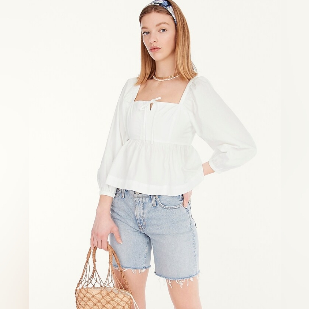 J.Crew 100%Cotton Squareneck Cropped Puff Long Sleave PeplumTop Blouse*W…